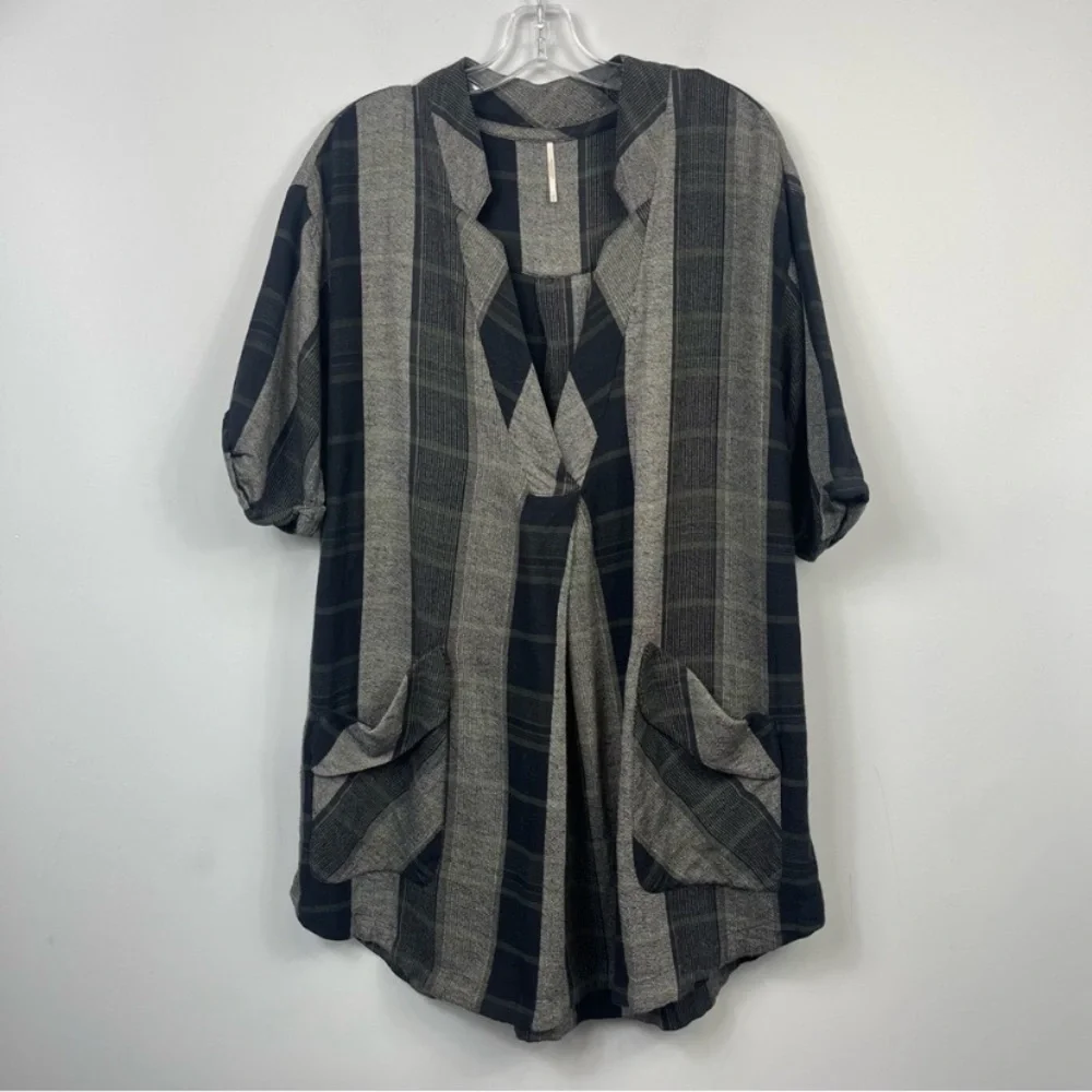 Free People Plai Check Oversize Tunic Kaftan Mini Dress Size XS